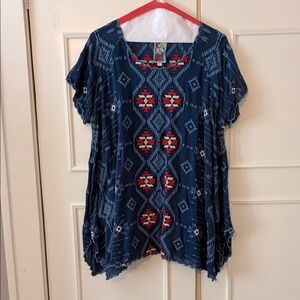 Johnny Was Navy and Red Geometric Tunic